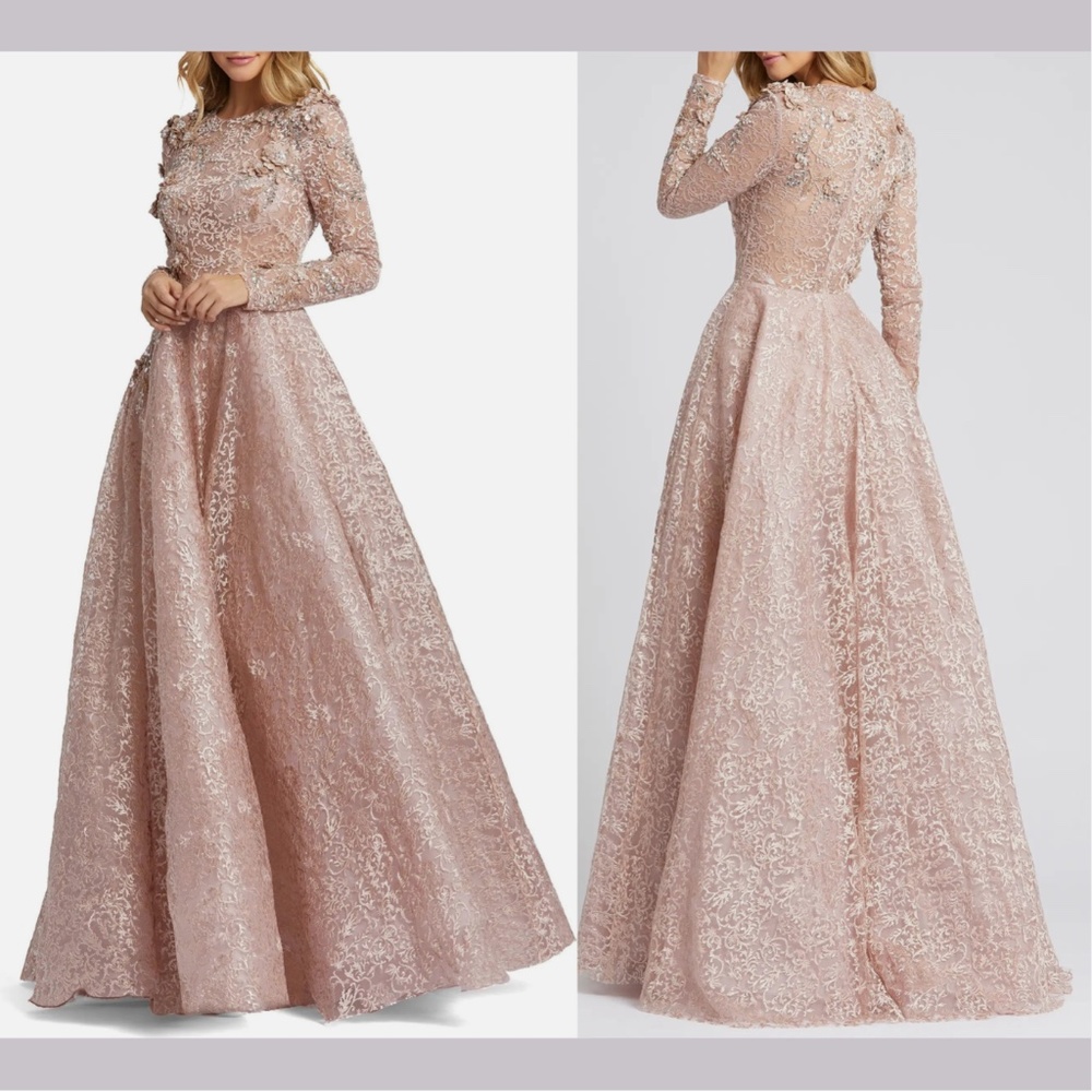 NWT $998 Mac Duggal [ 4 ] Floral Embellished Long‎ Sleeve A-Line Gown Mocha Pink